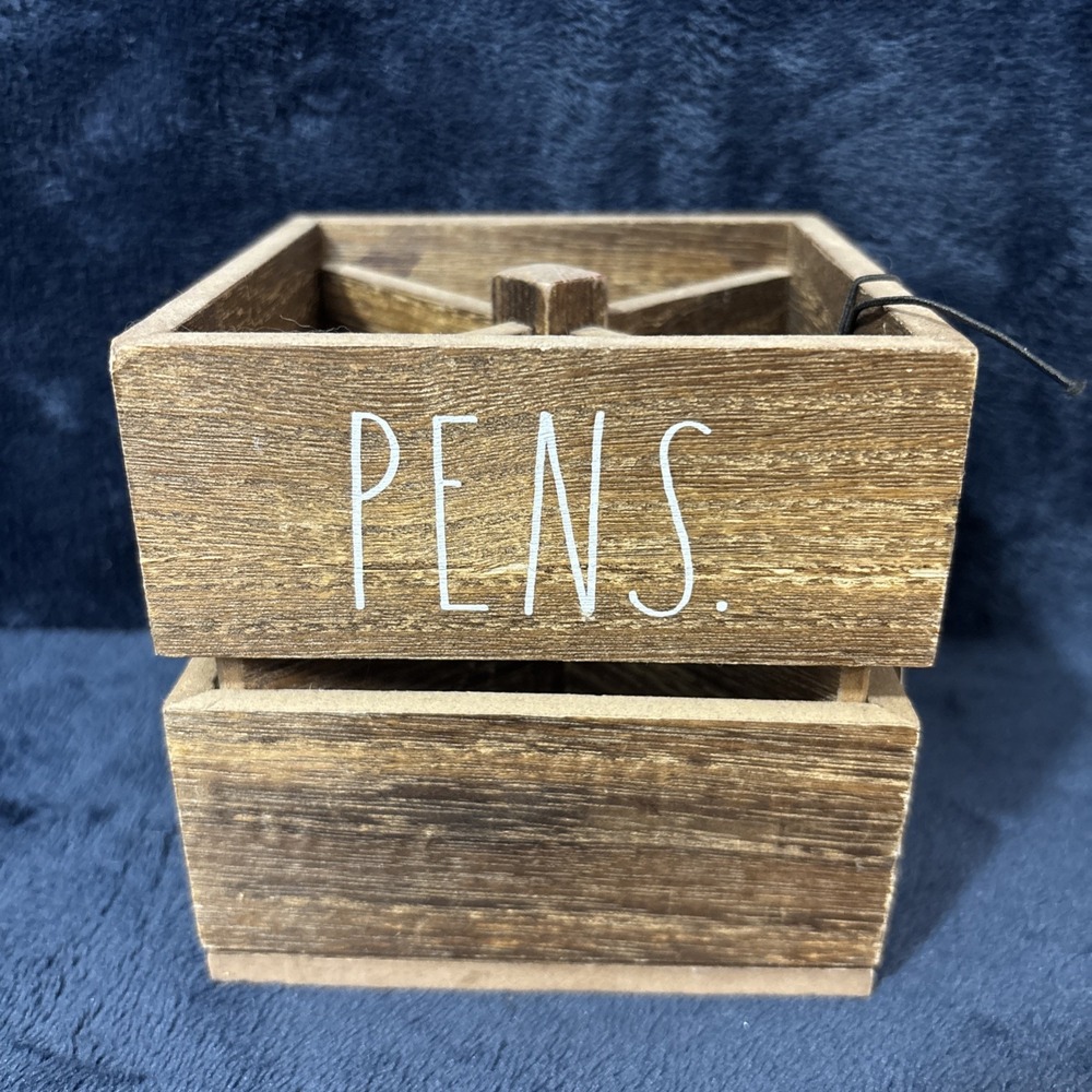 Rae Dunn Wooden Brown Spinning Pen Pencil Caddy Holder Organizer - Brand New